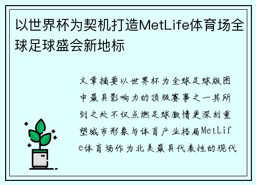 以世界杯为契机打造MetLife体育场全球足球盛会新地标
